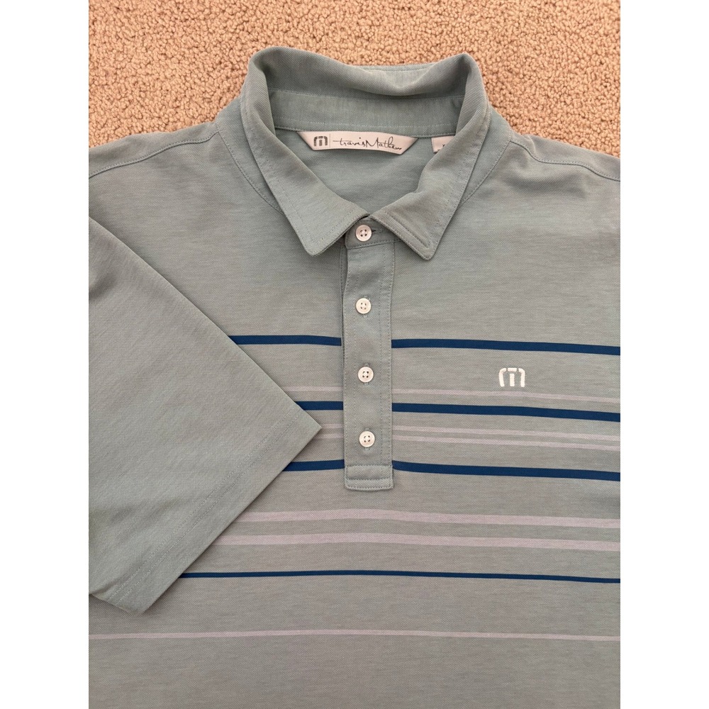 Travis Mathew Men Polo Shirt XL Seafoam Striped Pima Cotton Chambers Bay Golf